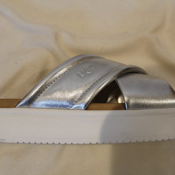 NIB UGG WOMEN'S ZAYNE LEATHER WEDGE SANDALS SILVER - Picture 5 of 7